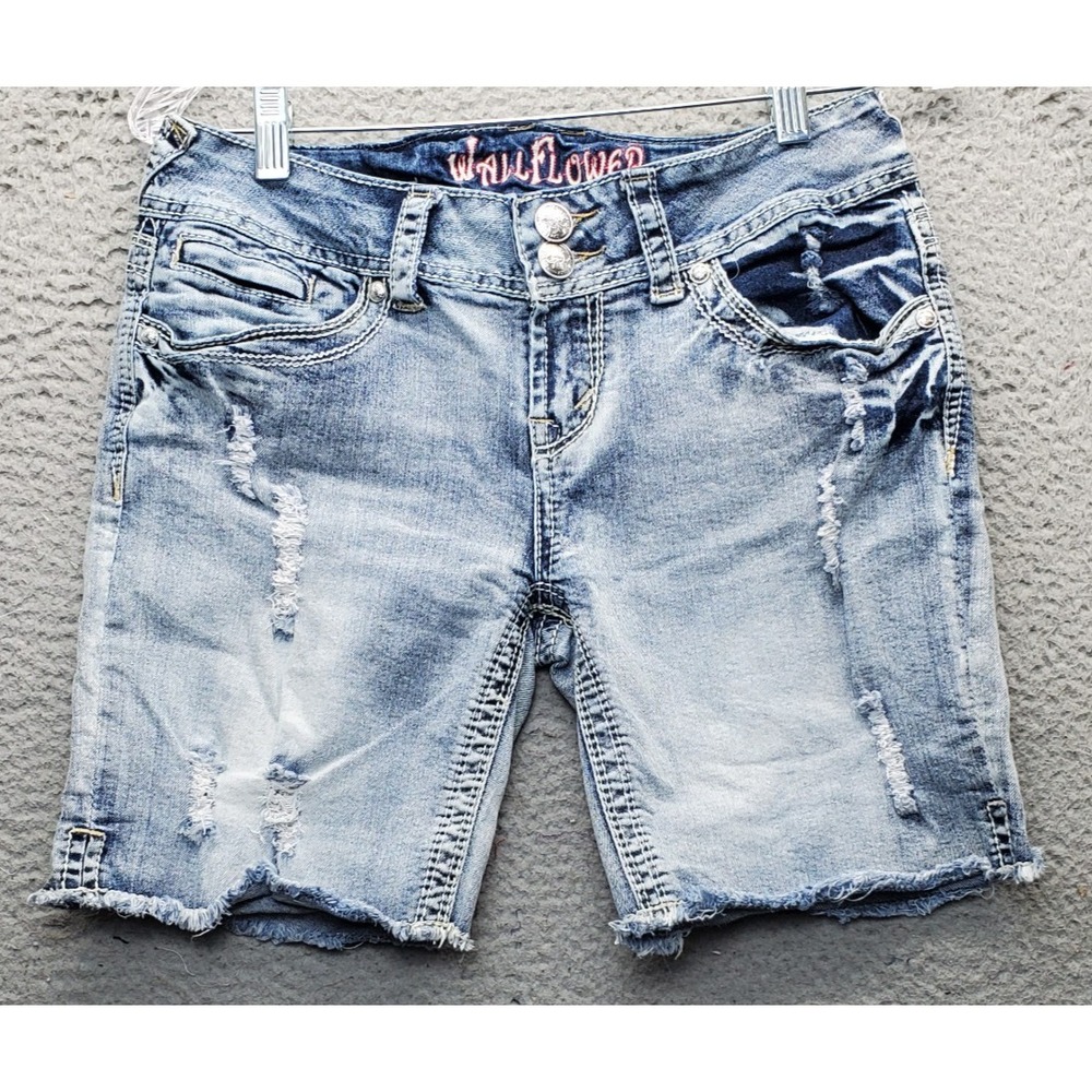 WallFlower Jean Shorts Women's 7 Multi Distressed Thick Stitch Pocket Button Fly